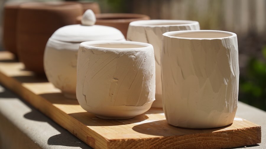 Handmade pottery ready for glazing